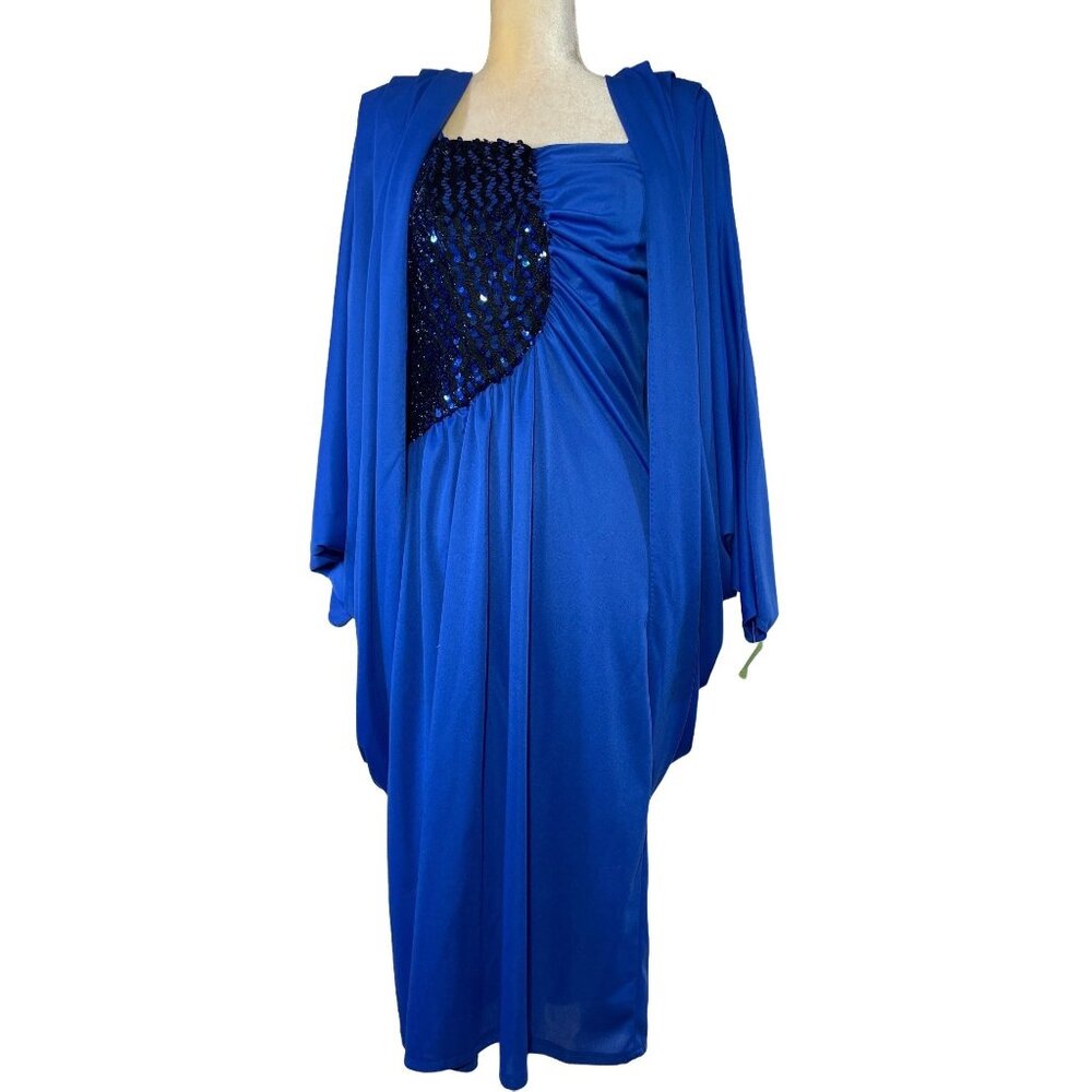 80s Vintage Deadstock JC Penney 2pc Blue Polyester Dress and Batwing Jacket Set